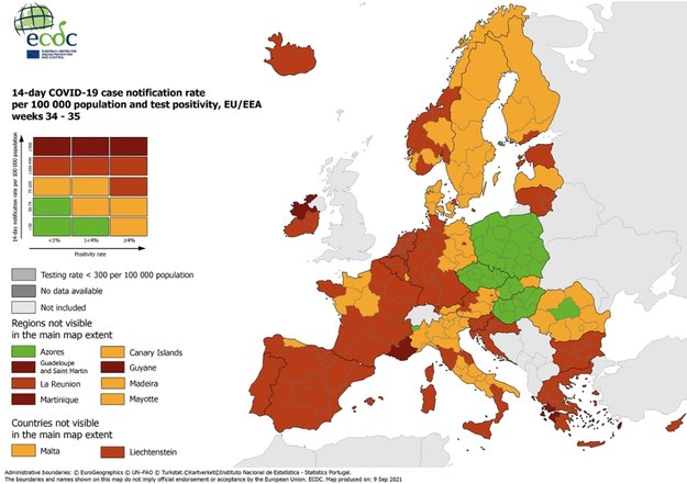 Pandemiczna mapa państw Unii Europejskiej. /Europejskie Centrum ds. Zapobiegania i Kontroli Chorób /