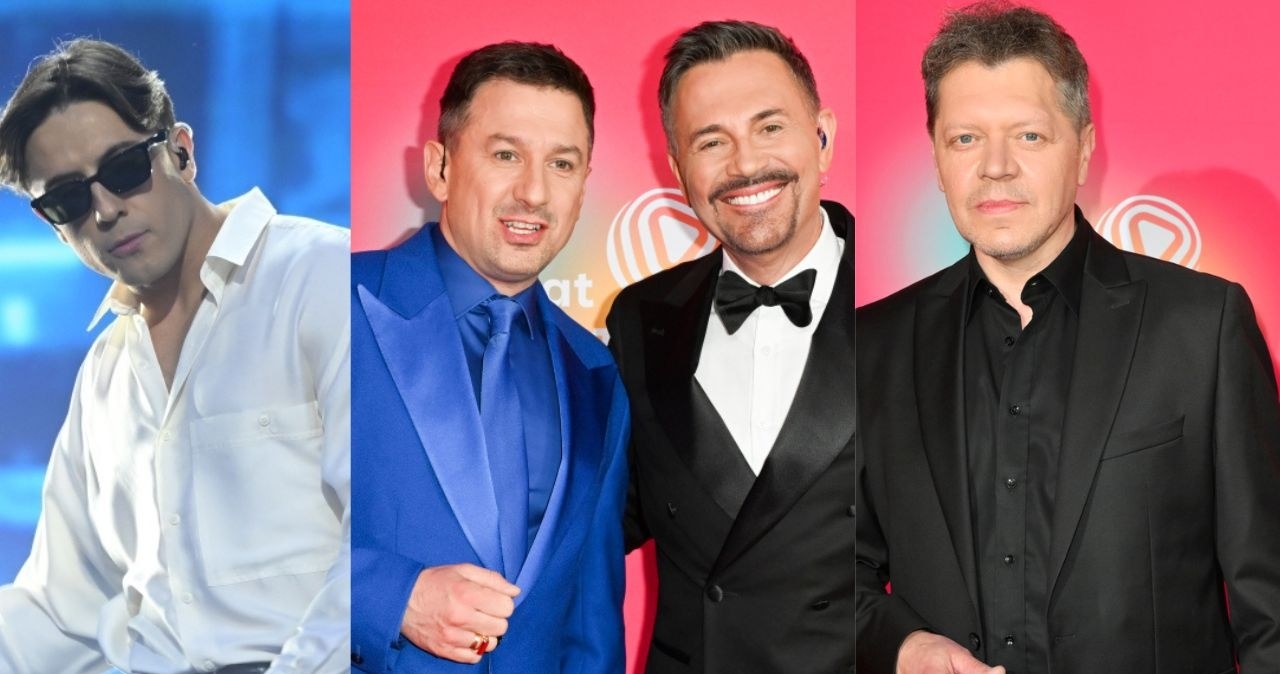 Panowie obecni na Polsat Hit Festiwalu postawili na elegancję. Od lewej: Dawid Kwiatkowski, Maciej Rock, Krzysztof Ibisz, Krzysztof Kiljański. /AKPA