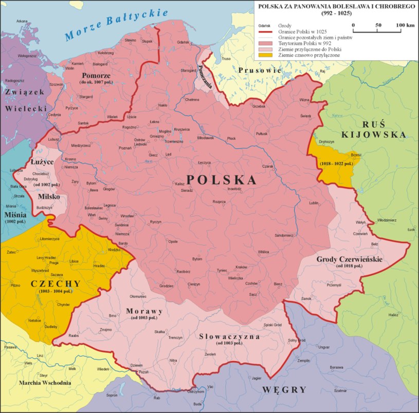 Państwo Mieszka II w pierwszym okresie panowania (1025-1031) odziedziczone po Bolesławie Chrobrym /Wikimedia Commons /domena publiczna