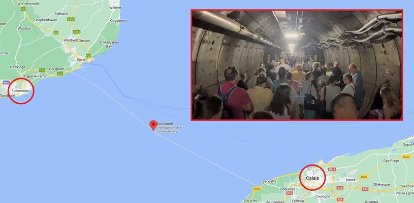 Pasażerowie utknęli w Eurotunelu na kilka godzin / Google Maps /@MikeSington /Twitter