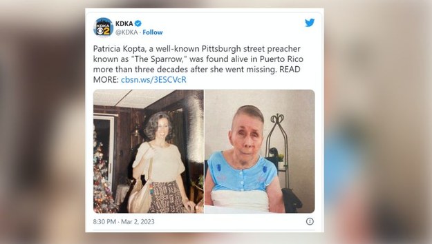 Patricia Kopta została odnaleziona po 31 latach (fot. @KDKA) /Twitter