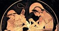 Patrokles opatrywany przez Achillesa, malowidło wewnątrz wazy, ok. 500 r. p.n.e. /Encyklopedia Internautica