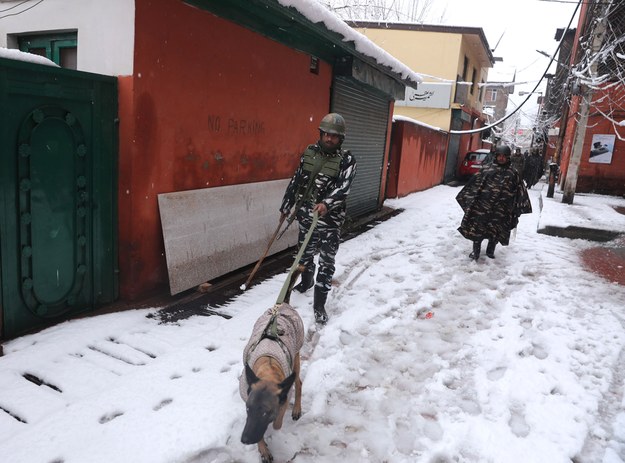 Patrole podczas śnieżycy w  Srinagar /FAROOQ KHAN  /PAP/EPA