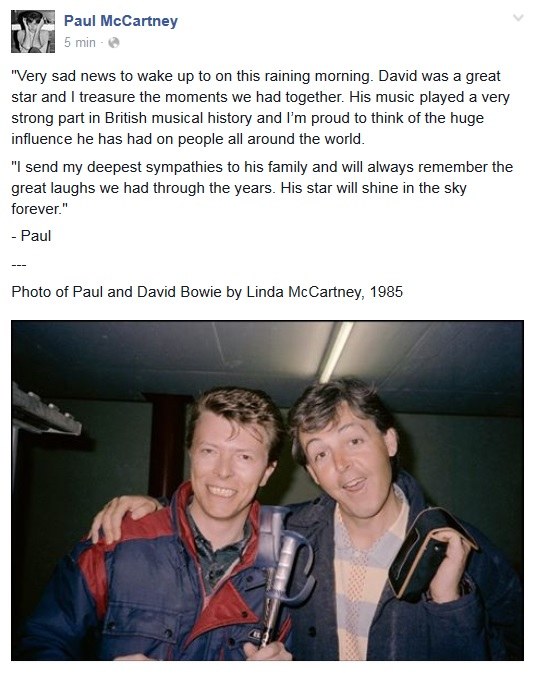 Paul McCartney wspomniał Davida Bowiego na Facebooku /&nbsp /