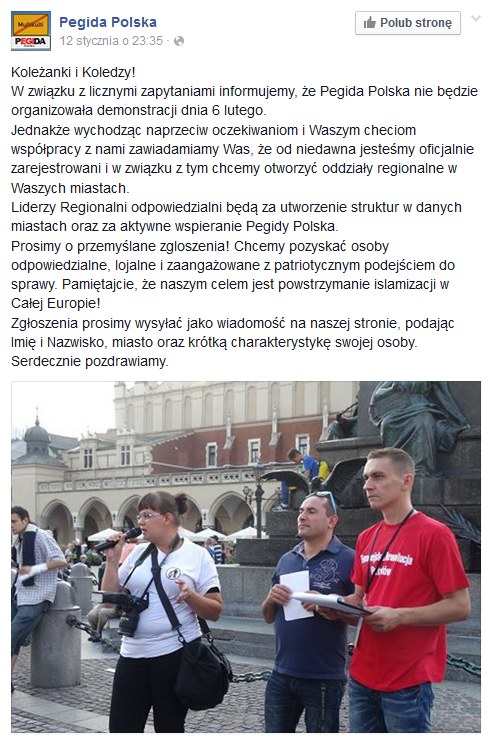 Pegida Polska nie będzie manifestować 6 lutego /facebook.com