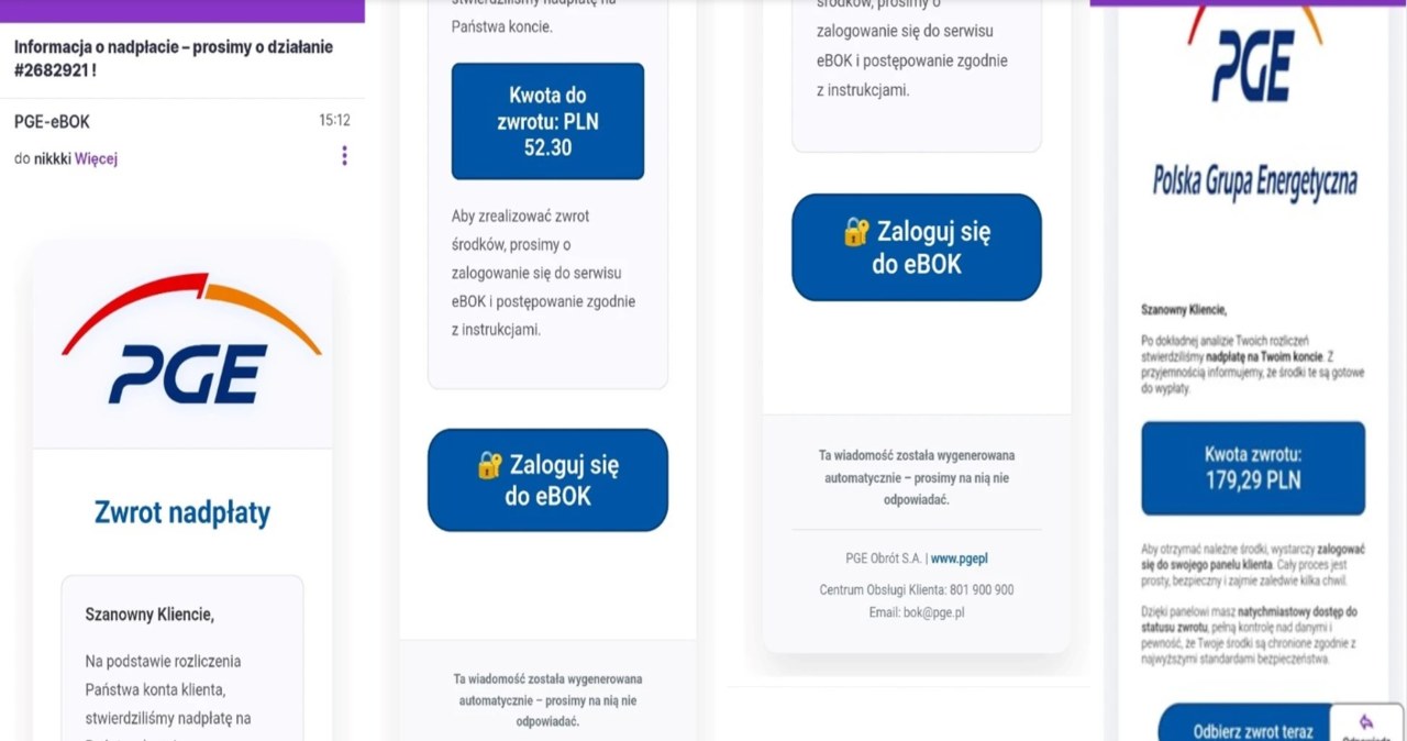 PGE pokazało screeny fałszywych wiadomości i stron trafiających do Polaków /PGE /materiał zewnętrzny