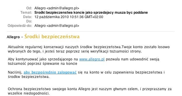 Phishingowa wiadomość e-mail skierowana przeciwko użytkownikom Allegro /materiały prasowe