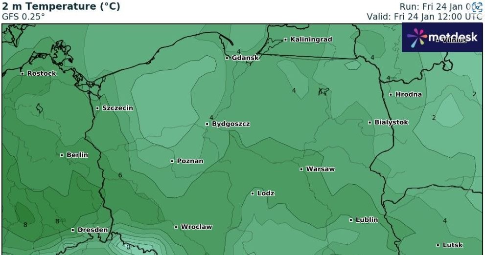 Piątek będzie ciepły, z temperaturami dochodzącymi do 6 stopni Celsjusza na zachodzie kraju /wxcharts /