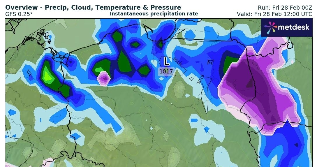 Piątek będzie deszczowy, a miejscami nawet burzowy. Lokalnie na wyżej położonych terenach może dochodzić do oblodzenia /wxcharts /