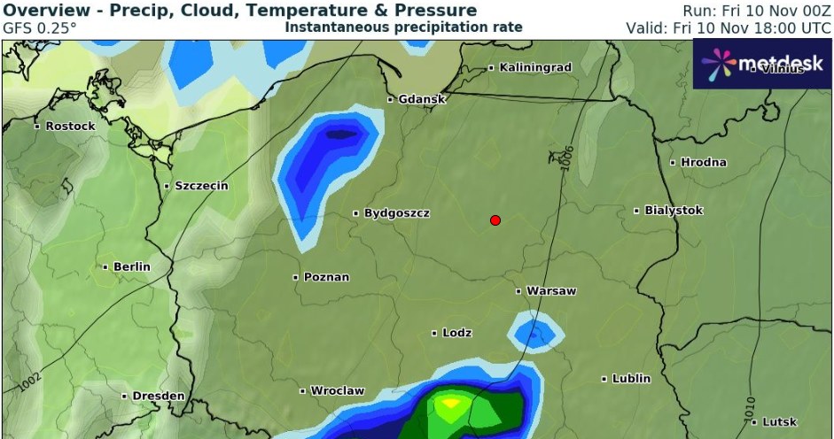 Piątek będzie pochmurny i deszczowy. Najwięcej opadów IMGW prognozuje w centrum kraju /wxcharts /