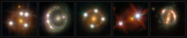 Pieć obserwowanych kwazarów. Widać ich pomnożone wskutek ogniskowania obrazy /ESA/Hubble, NASA, Suyu et al. /materiały prasowe