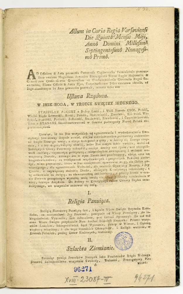 Pierwodruk Konstytucji 3 Maja (Ustawa Rządowa, [Warszawa: M. Gröll, 5 V 1791]. Sygn. XVIII-23087.) /Ossolineum /