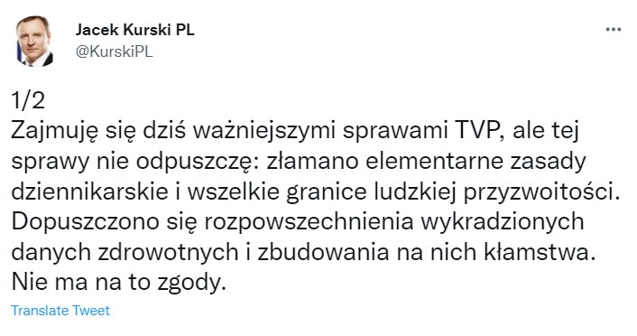 Pierwsza część oświadczenia Jacka Kurskiego ws. testu na koronawirusa /Twitter