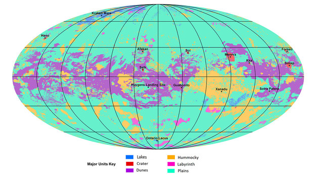 Pierwsza globalna mapa geologiczna Tytana, wykonana w oparciu o obrazy radarowe i zdjęcia w świetle widzialnym wykonane przez sondę Cassini w latach 2004 - 2017 /NASA/JPL-Caltech/ASU /Materiały prasowe