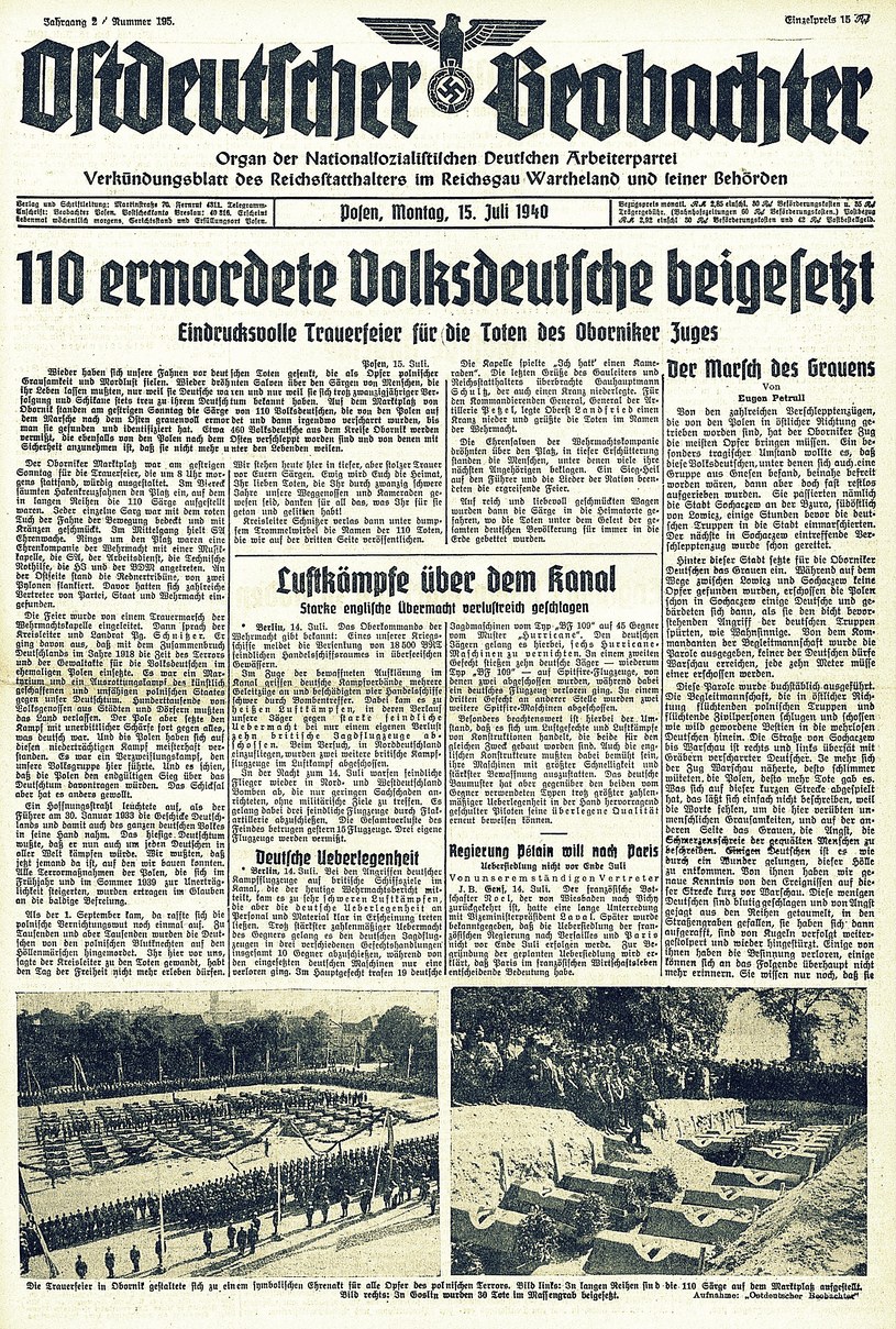 Pierwsza strona dziennika „Ostdeutscher Beobachter” z 15 VII 1940 r. poświęcona była uroczystościom pogrzebowym ofiar marszu obornickiego /&nbsp