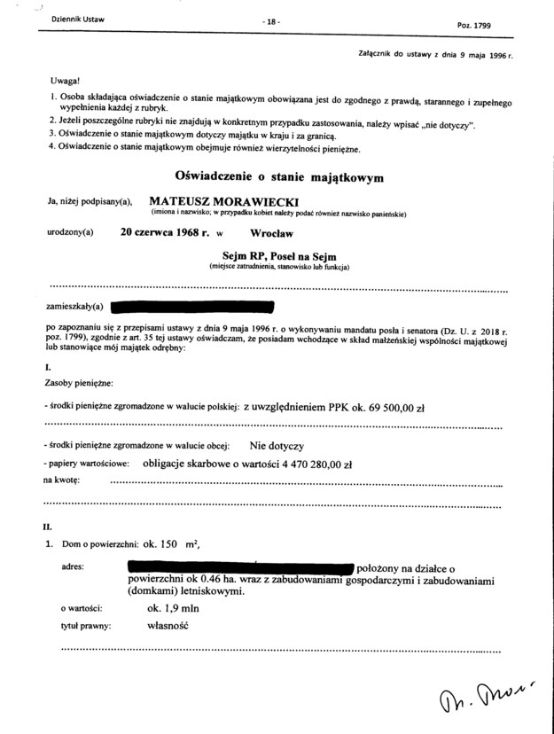 Pierwsza strona oświadczenia majątkowego premiera Mateusza Morawieckiego /orka.sejm.gov.pl /