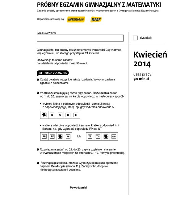 Pierwsza strona próbnego egzaminu gimnazjalnego z matematyki /RMF FM