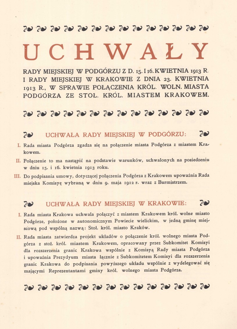 Pierwsza strona Uchwał o połączeniu Podgórza i Krakowa z 15 i 16 kwietnia 1913 roku, DHP/DP/V/10 /INTERIA.PL