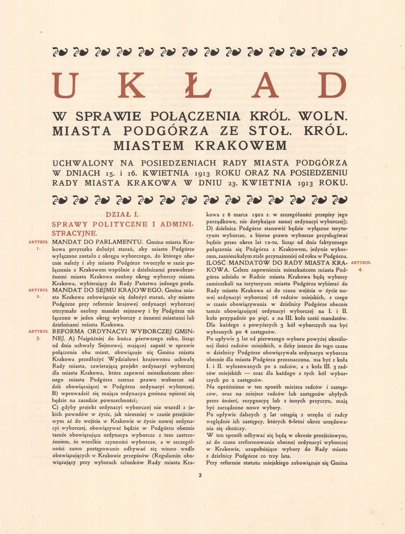 Pierwsza strona Układu o połączeniu Podgórza i Krakowa z 15 i 16 kwietnia 1913 roku, DHP/DP/V/10 /INTERIA.PL