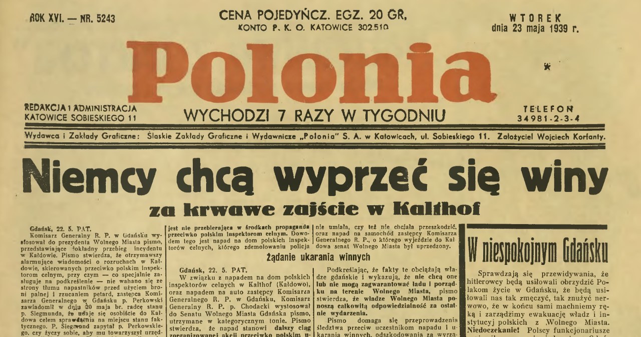 Pierwsza strona wydawanej w Katowicach "Polonii" z 23 maja, opisująca antypolskie zajścia w Gdańsku /Śląska Biblioteka Cyfrowa /materiał zewnętrzny