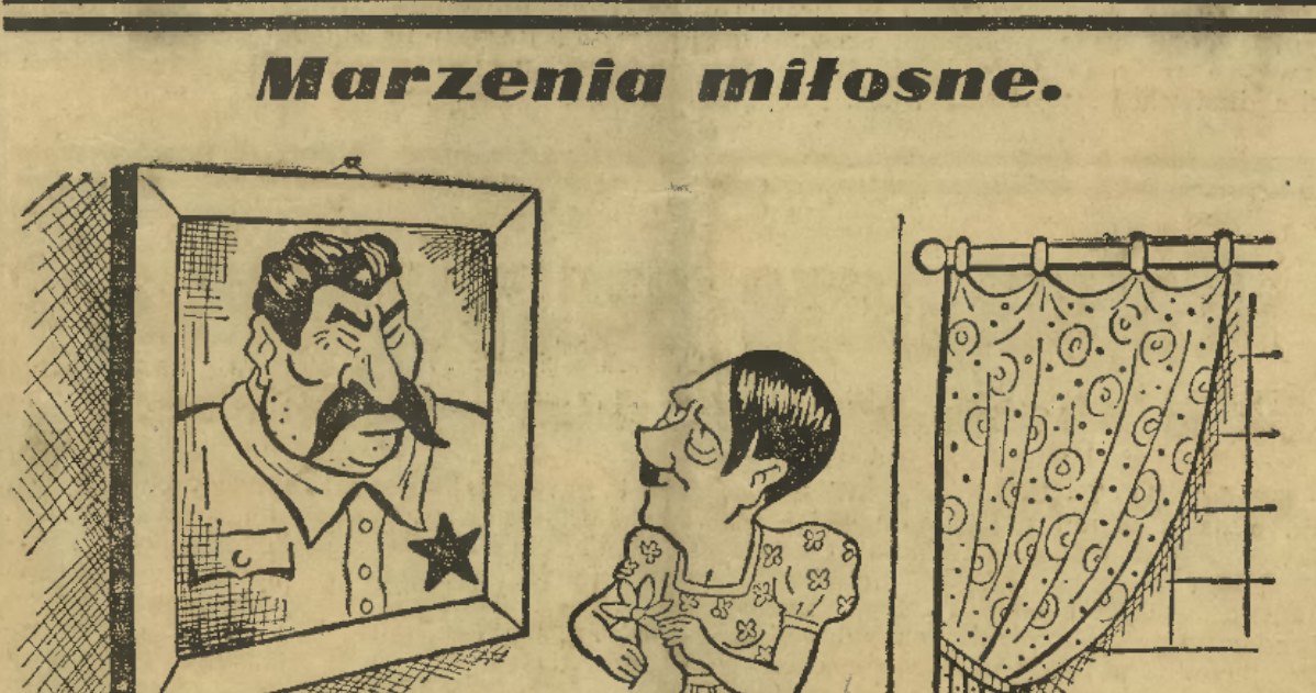 Pierwsze doniesienia o możliwych chęciach współpracy między Rzeszą a ZSRR publicyści traktowali wręcz jako zwykłą plotkę, rozpuszczoną przez niemiecką propagandę. Nic więc dziwnego, że stało się to tematem wielu karykatur /Kujawsko-Pomorska Biblioteka Cyfrowa /materiał zewnętrzny