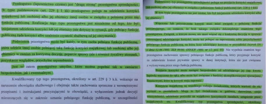 Pierwsze - oznaczone na zielono zapożyczenia ze strony 20 wniosku, ze zmianą "przekupstwa" na "przestępstwa" i dopiskiem "zatem". Kolejne - strona 24 wniosku - cztery fragmenty żywcem przepisane z komentarza prof. Andrzeja Marka, bez podania autora. /Tomasz Skory  /RMF FM