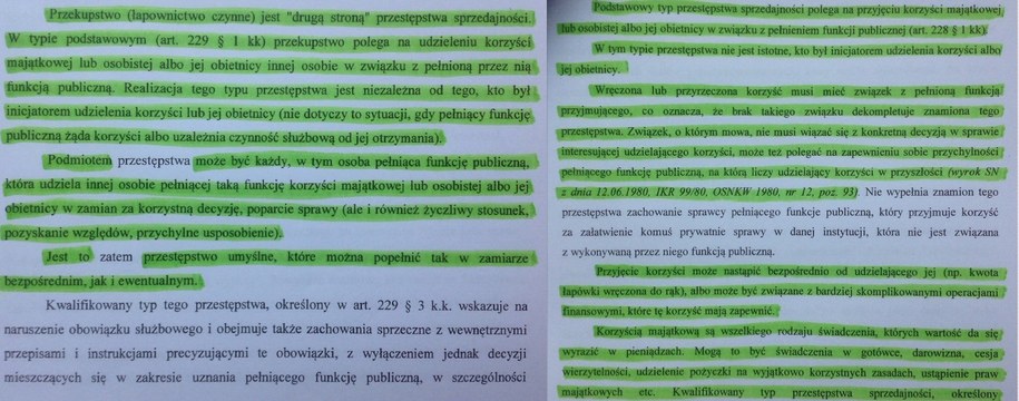 Pierwsze - oznaczone na zielono zapożyczenia ze strony 20 wniosku, ze zmianą "przekupstwa" na "przestępstwa" i dopiskiem "zatem". Kolejne - strona 24 wniosku - cztery fragmenty żywcem przepisane z komentarza prof. Andrzeja Marka, bez podania autora /Tomasz Skory  /RMF FM