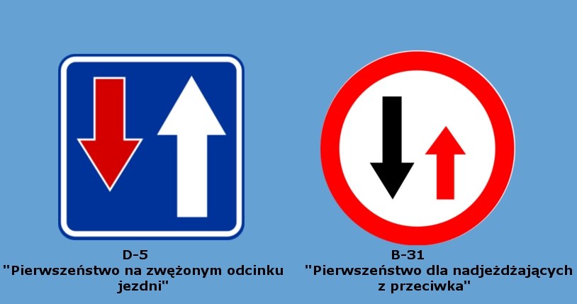 Pierwszeństwo przejazdu ma kierowca, który widzi znak D-5 (po lewej). Ten nadjeżdżający z drugiej strony ma przed sobą znak B-31. To oznacza, że musi poczekać na przejazd. /Informacja prasowa