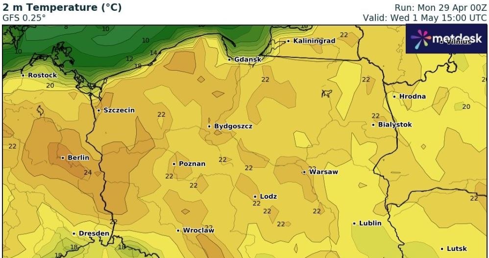 Pierwszy dzień maja będzie słoneczny i bardzo ciepły. Na zachodzie termometry pokażą 25 st. C /wxcharts /