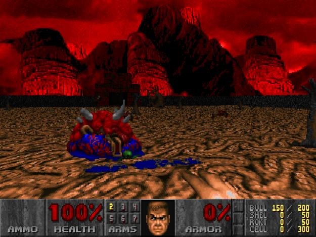 Pierwszy poziom trzeciego epizodu „Dooma” pod Doomem Retro. Proszę zwrócić uwagę na niebieską krew przed truchłem cacodemona. /INTERIA.PL