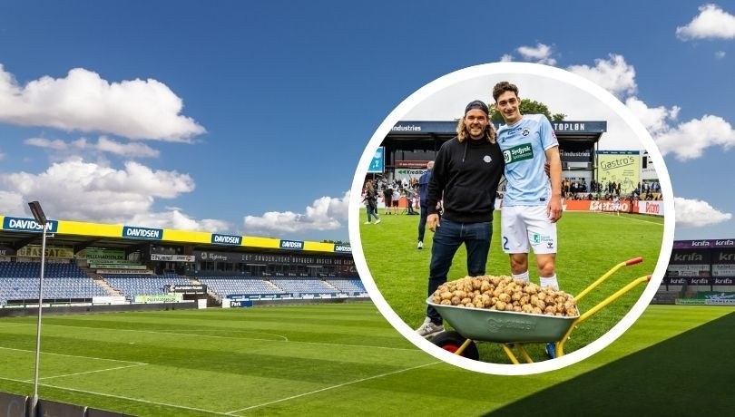 Piłkarz duńskiej ekstraklasy Francuz Maxime Soulas z zespołu Sonderjyske otrzymał w nagrodę taczkę ziemniaków. (Fot. X/Sønderjyske Fodbold) /Shutterstock