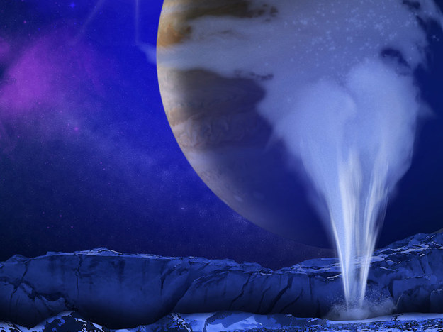 Pióropusze pary, wody i lodu nad księżycem Jowisza /Rys: NASA, ESA, K. Retherford and SWRI /Materiały prasowe