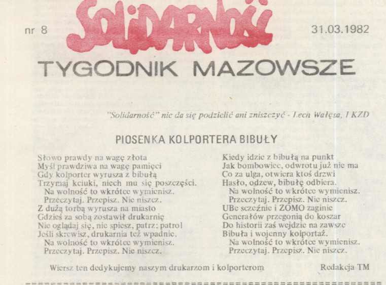 Piosenka kolportera bibuły, autor nieznany /„Tygodnik Mazowsze”, nr 8 (31 III) 1982 /