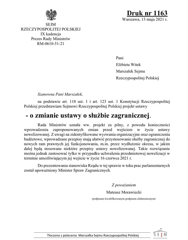 Pismo do marszałek Sejmu podpisane przez Mateusza Morawieckiego /RMF FM