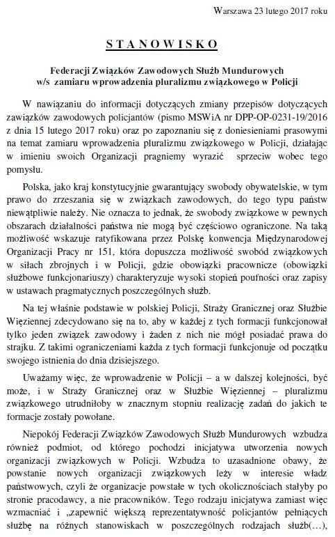 Pismo Federacji Związków Zawodowych Służb Mundurowych do MSWiA, strona 1 /Zrzut ekranu