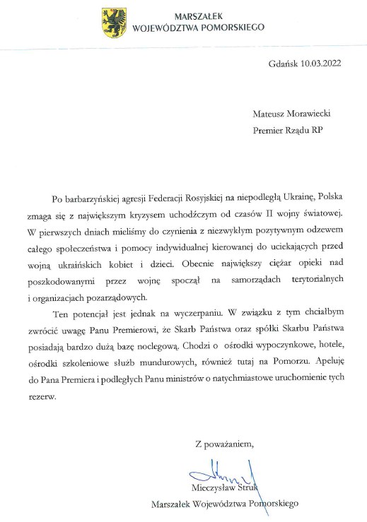 Pismo Marszałka Województwa Pomorskiego do Premiera RP /Materiały prasowe