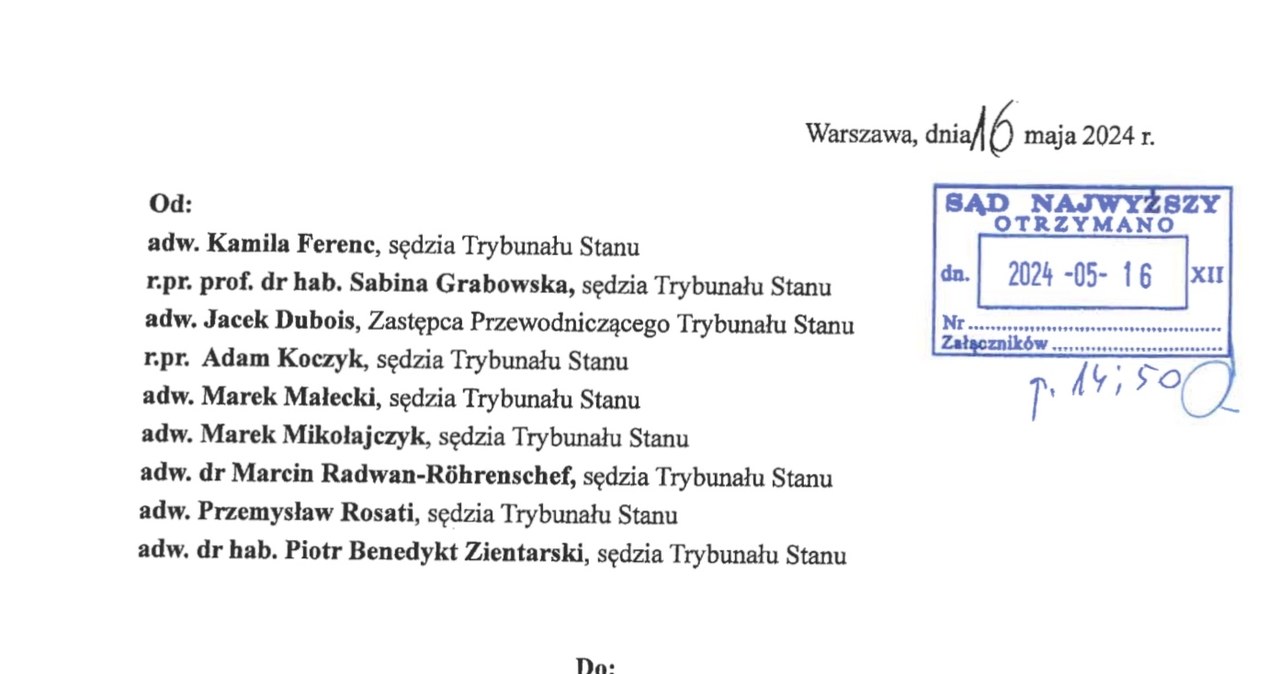 Pismo skierowane przez część sędziów Trybunału Stanu do Małgorzaty Manowskiej