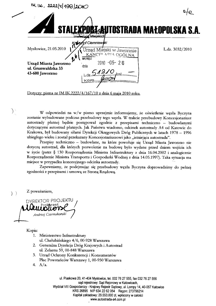 Pismo Stalexportu o tym, że powstanie nowe oświetlenie ale jeszcze nie teraz.