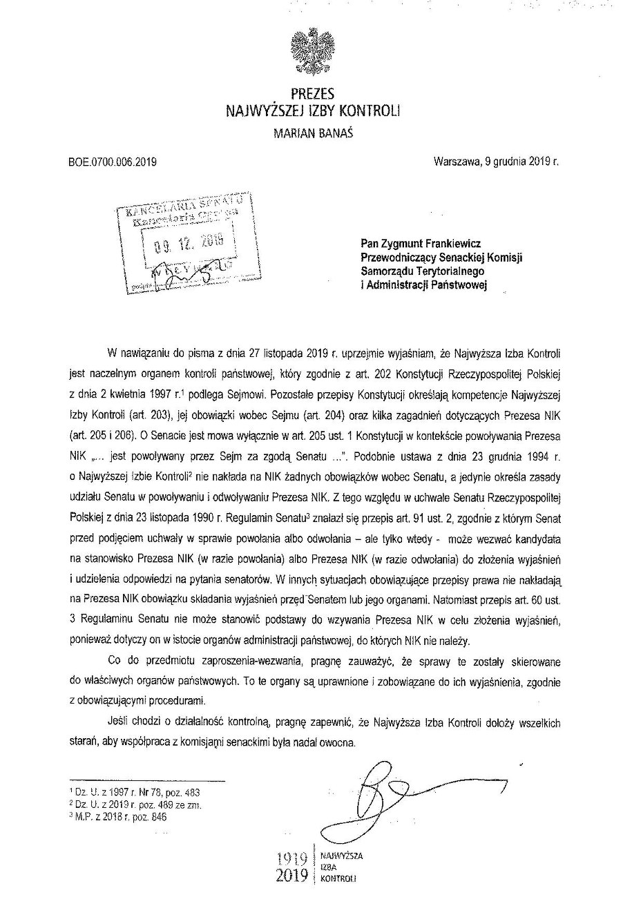 Pismo szefa NIK do Senatu /Najwyższa Izba Kontroli