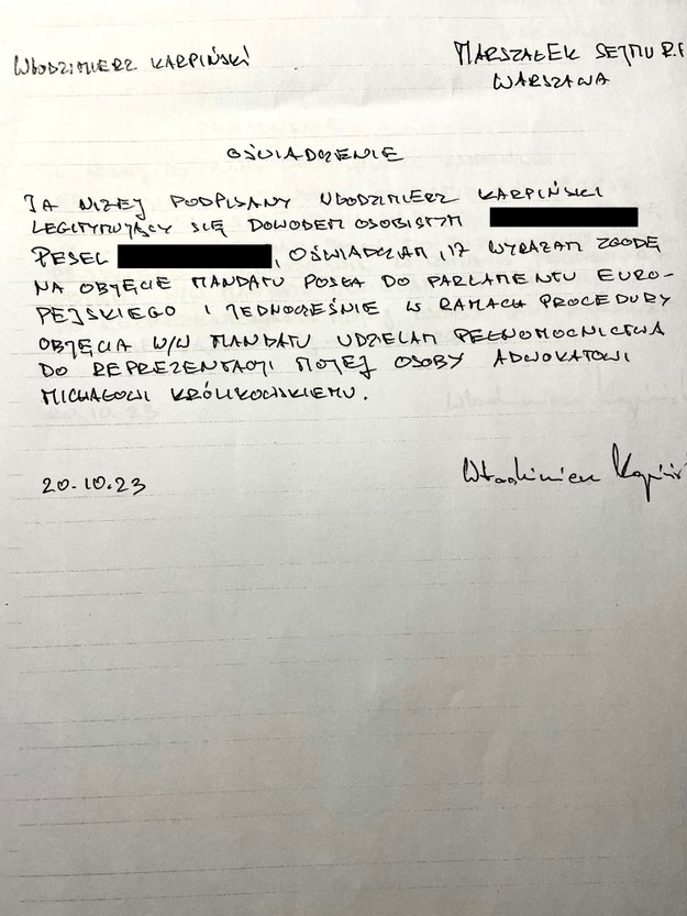 Pismo wysłane przez Włodzimierza Karpińskiego do marszałek Sejmu /RMF FM /