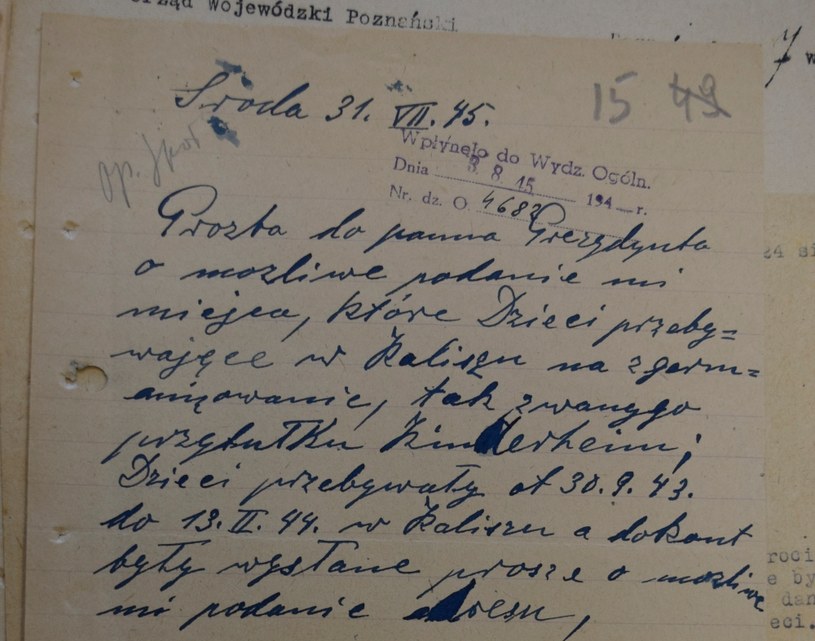 Gaukinderheim w Kaliszu. Przystanek-widmo dla zrabowanych dzieci Pismo z lipca 1945 roku, dotyczące dzieci wywiezionych ze Środy /Ewelina Karpińska-Morek /INTERIA.PL