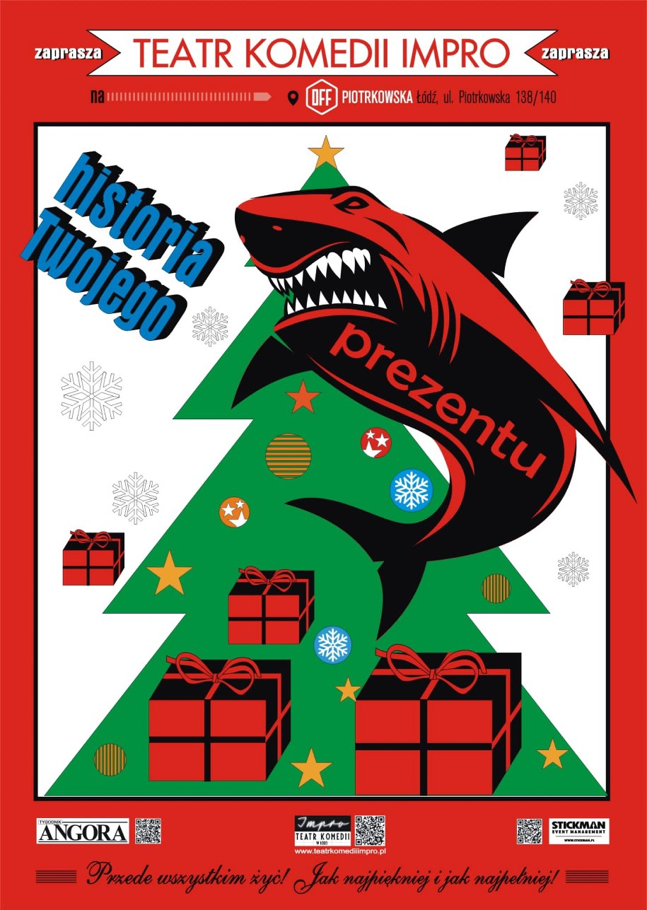 Plakat zapowiadający świąteczny spektakl: "Historia Twojego prezentu" /Teatr Komedii Impro /Materiały prasowe