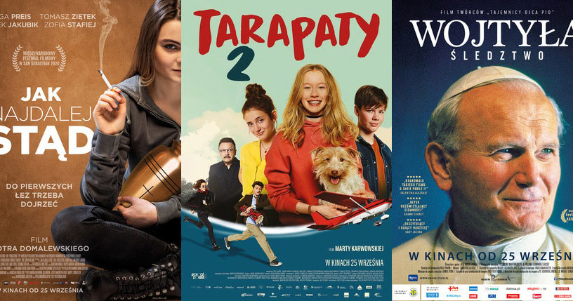 Plakaty filmów "Jak najdalej stąd" (L), "Tarapaty 2" (C) oraz "Wojtyła. Śledztwo" (P) /materiały dystrybutora