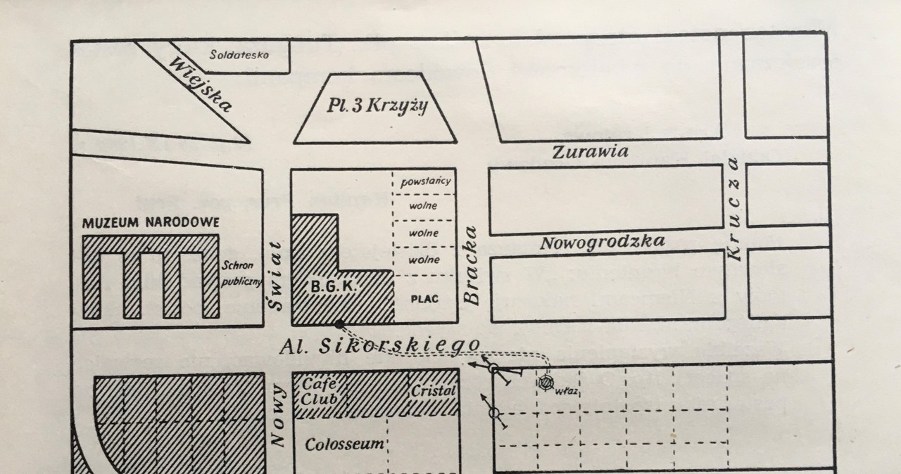 Plan ataku i przejęcia gmachu BGK przez Oddział Gozdawy [Lucjan Fajer Żołnierze Starówki Warszawa 1957] /BGK /