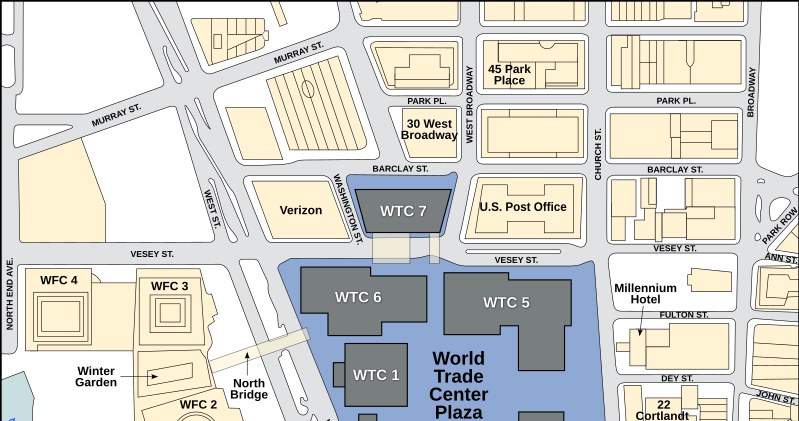 Plan budynków wchodzących w skład World Trade Center /MesserWoland/CC BY-SA 3.0 (https://creativecommons.org/licenses/by-sa/3.0/deed.en) /Wikimedia