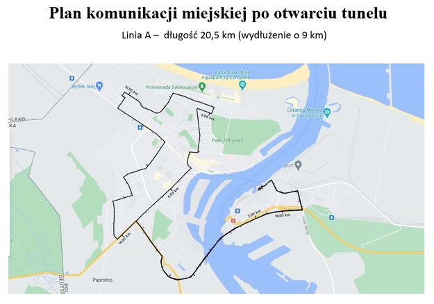 Plan komunikacji miejskiej po otwarciu tunelu - linia A /świnouście.pl /
