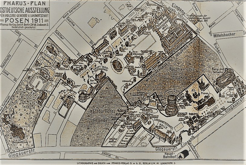 Plan niemieckiej wystawy. Z prawej strony kolejka górska i afrykańska wioska /Gelände der Ostdeutschen Ausstellung 1911, Pharus Plan /domena publiczna