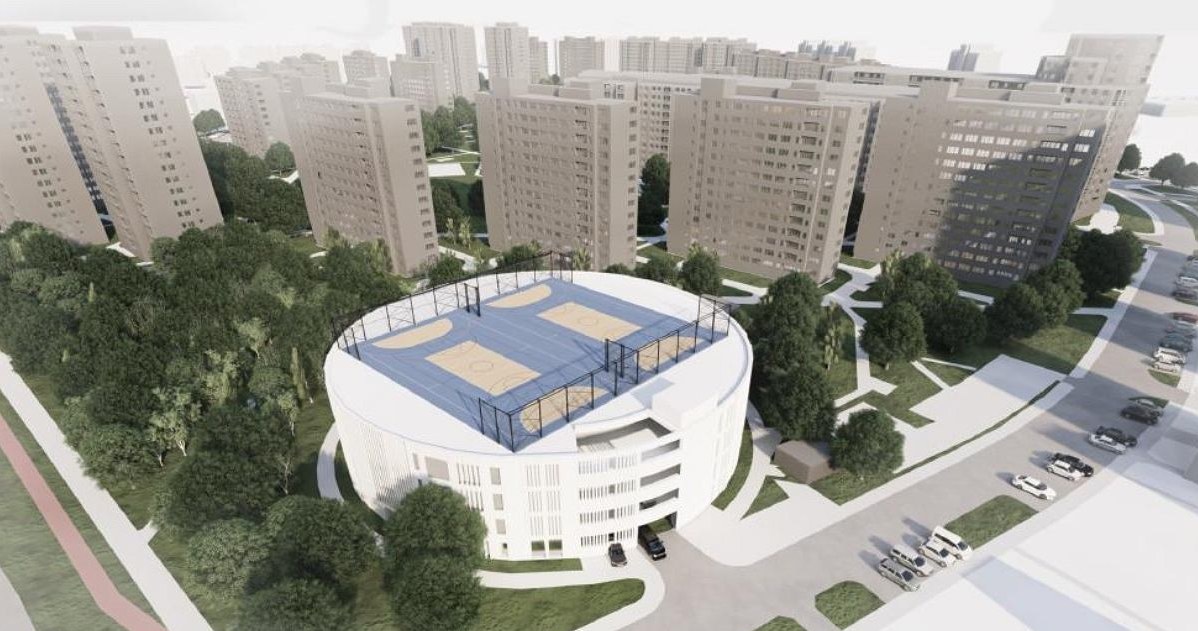 Plan parkingu w kształcie Walca z boiskami na dachu /architektura.um.warszawa.pl /materiały prasowe