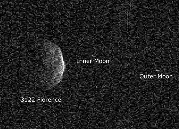 Planetoida 3122 Florence i jej dwa nowo odkryte księżyce /NASA/JPL Center for Near-Earth Object Studies /Materiały prasowe