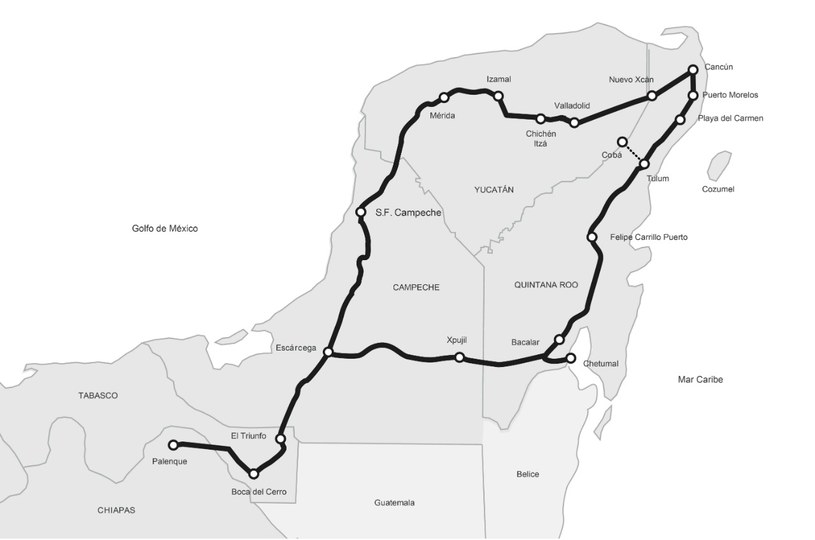 Planowana trasa kolejowa Maya Train. Ma zostać ukończona w 2024 roku. Prace archeologiczne podzielone są na Sekcje poszczególnych linii, gdzie różni badacze prowadzą odrębne wykopaliska. Rzeźbę K'awiil archeolodzy znaleźli w Sekcji 7 /Wikipedia